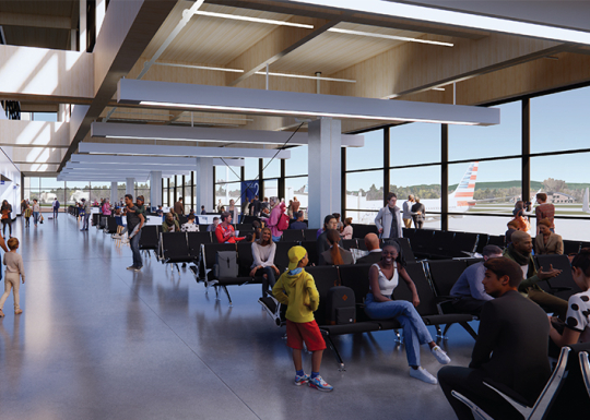 thumbnail: The terminal building will be transformed to become linear and interconnected to enhance operational efficiency and safety. For travelers, improved amenities will be offered, inclusive of new vendor space, gate areas, and jet bridges. 